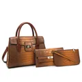Conjunto de 3 piezas de bolso de hombro grande marrón con diseño de cocodrilo y bolso - Bolso de Hombro Bandolera Y Cartera / Marrón