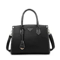 Elegant black lychee leather handbag with grey crocodile embossed trim and gold hardware - Tote Bag Style / Black
