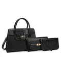 Juego de tres bolsos negros con patrón de cocodrilo, herrajes dorados y correa larga - Bolso de Hombro Bandolera Y Cartera / Negro