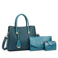 Three-piece women's handbag set in dark teal PU leather with lychee and crocodile textures - Blue Set