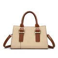 Beige woven texture and brown leather handbag with gold metal buckles and shoulder strap - Yellow
