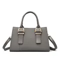 Elegant medium gray textured leather tote bag with gold hardware and top handles - Gray