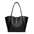 Grand sac cabas noir en cuir PU à grain de litchi avec boucle métallique élégante - Noir