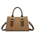 Elegant dark brown leather tote with dual gold buckles and textured finish for women - Brown