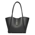 Minimalist black tote bag in lychee pattern leather with golden metal buckle - Dark Gray