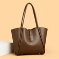 Dark brown pebbled leather tote bag with large capacity and golden metal buckle - Coffee
