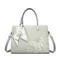 Borsa a mano verde chiaro ricamata da donna con farfalle e dettaglio sciarpa in seta fine - Grigio chiaro