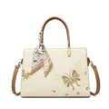 Borsa tote ricamata crema con motivo a farfalla, manici marroni e sciarpa decorativa - Bianco Sporco