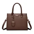 Elegant dark coffee litchi grain leather handbag with gold lettering and shoulder strap - Brown