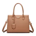 Brown litchi pattern tote bag with dual handles and adjustable shoulder strap - Khaki