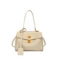 Detailed view of cream leather handbag featuring a golden swivel lock and detachable strap - Small / Light Gray