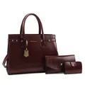 Deep red three-piece handbag set featuring a tote, clutch, and card holder with gold hardware - Wine Red (Tote Bag Handbag And Card Holder)