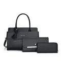 3-piece black handbag set with crocodile pattern embossment and shoulder strap - Tote Pouch And Wallet Collection (Black Set)