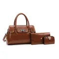 Set de 3 piezas bolso tote de cuero sintético marrón con asas tejidas y cierre giratorio - Bolso de Mano Cartera Y Tarjetero (Marrón) / Marrón