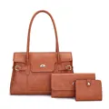 Ensemble de trois sacs en cuir marron caramel avec pochette et portefeuille assortis - Fourre-Tout Et Pochette Et Portefeuille / Beige