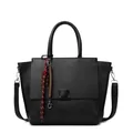 Sac fourre-tout vintage en cuir litchi noir avec breloque de mode et bandoulière chic - Noir (Sac à Main Seul)