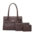 Ensemble 3 pièces de sacs cabas marron foncé en cuir texturé avec boucles argentées - Fourre-Tout Et Pochette Et Portefeuille / Café
