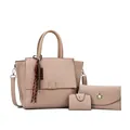 Driedelige beige handtassenset van generfd kunstleer met bijpassende kleine tasjes - Beige (Tote en Portemonnee en Kaarthouder Set)