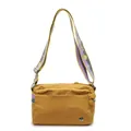Bright yellow nylon crossbody bag with multi-color wide woven strap and metal logo - Yellow