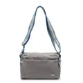 Gray canvas crossbody bag with blue jacquard wide strap and multiple zipper compartments - Grey and Blue