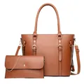 Professional brown two-piece tote bag and clutch set featuring premium cross-grain leather - 2-Piece Set (Tote + Inner Pouch) / Brown