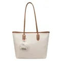 Bolso tote beige minimalista con ribete de cuero marrón y colgante de peluche - Blanco Roto