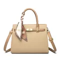Retro beige leather handbag with litchi texture and decorative scarf on handle - Khaki