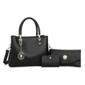 3-teiliges schwarzes Handtaschen-Set mit Litschi-Muster, Rosenanhänger und Gold-Hardware - Schwarze Handtasche Brieftasche Und Kartenhalter