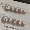 Handmade press-on nails with nude pink base, silver glitter tips and crystal gemstones - S Small / Short Square Round Style