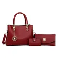 Dreiteiliges Set aus tiefroten Lederhandtaschen für Damen mit goldenem Rosenanhänger - Burgunder Handtasche Brieftasche Und Kartenhalter