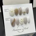 Handmade 3D floral press-on nails with gold foil and marble design on display card - Extra Small (XS) / Japanese Ins Style