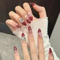 Unghie finte cat-eye sfumate rosse con fiori 3D e strass quadrati brillanti - Grande (L) / 586-Ovale Lungo