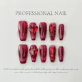 Handmade burgundy cat eye press-on nails with red heart rhinestones in long coffin shape - Extra Small (XS) / Light Luxury Rose Red (619)