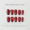 Handmade burgundy cat eye press-on nails with 3D heart rhinestones and luxury glitter - Extra Small (XS) / Light Luxury Rose Red (618)