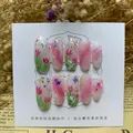 Hand-painted pink tulip press-on nails with 3D pearls and gold foil floral accents - Pink Purple Smudged Tulip Pearl Glitter (282)