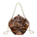Brown marble pattern acrylic rose bag with pearl handle and gold chain strap - Brown