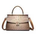 Retro crocodile pattern bucket bag in gradient brown leather with top handle and strap - Khaki