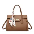 Brown lychee grain leather tote bag with gold lock and colorful decorative silk scarf - Brown