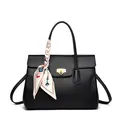 Classic black litchi pattern leather tote bag with printed silk scarf and gold lock - Black