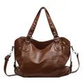 Retro brown large capacity tote bag with silver metal ring and adjustable strap - Brown