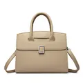 Beige faux leather handbag with litchi grain and silver buckle in front view - Apricot