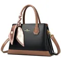 Litchi pattern leather handbag in black and brown with decorative silk scarf - Black