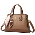 Brown lychee leather handbag for women with silk scarf and gold hardware accents - Khaki