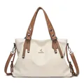 Bolso tote de cuero beige con asas marrones y correa de hombro ajustable - Blanco Roto