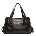 Retro chocolate brown PU leather tote bag with silver rivets and detachable shoulder strap - Coffee