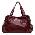 Vintage burgundy PU leather tote bag with silver studs and adjustable shoulder strap - Burgundy