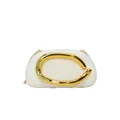 Chic white leather half-moon clutch with oversized golden ring and chain strap - White