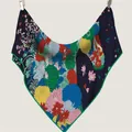 Blue floral horse cashmere blend square scarf with elegant garden print for women - 180x130cm / Navy Blue Multi-color (40)