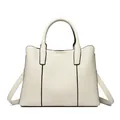 Sac à main élégant blanc crème en cuir à motif litchi avec bordures noires et détails dorés - Blanc Cassé