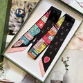 Silk twilly scarf with fashion ticket print and letter C patterns in a gift box - Extended Version / Black